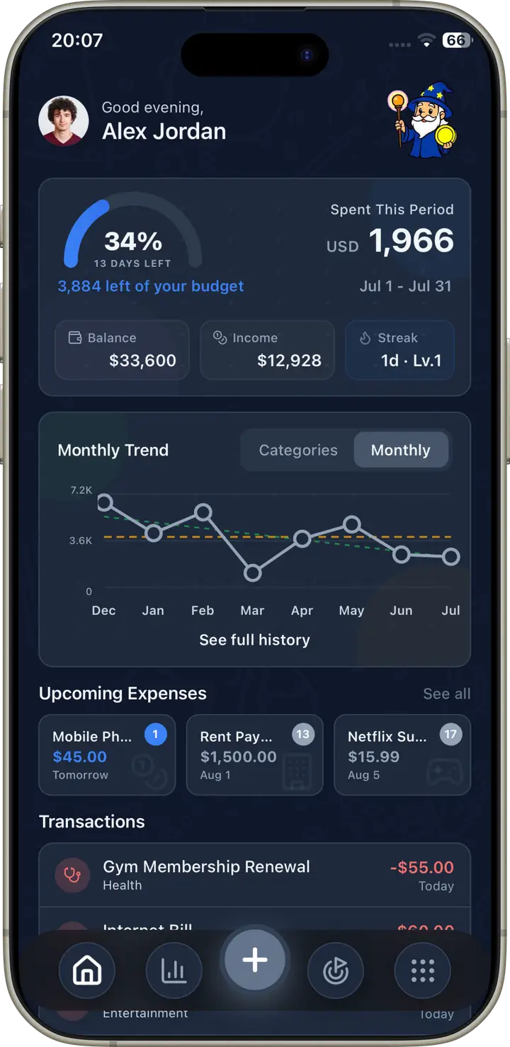 Wizpend dashboard in dark mode
