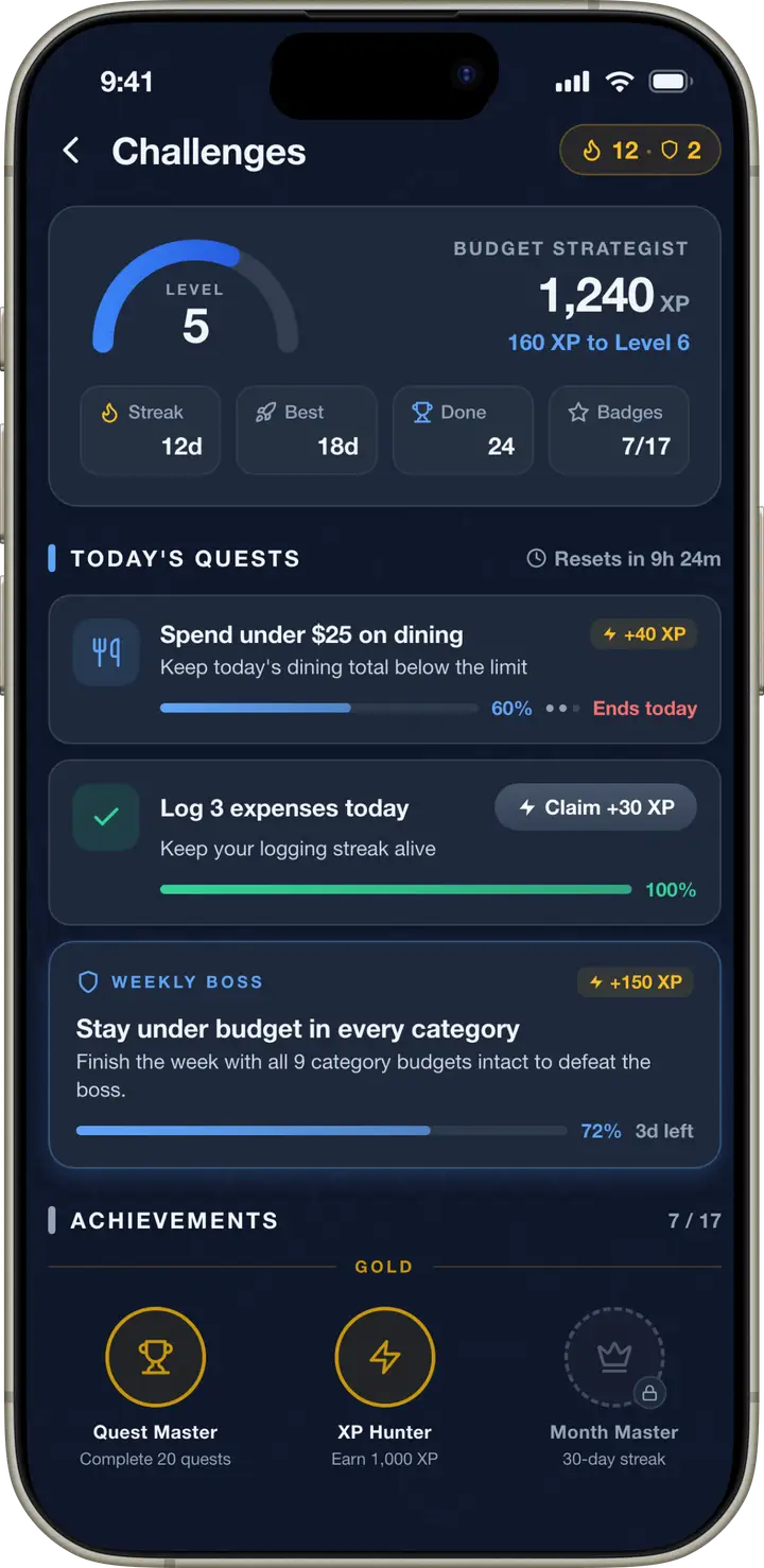 Wizpend challenges screen with daily quests, streaks, and badges