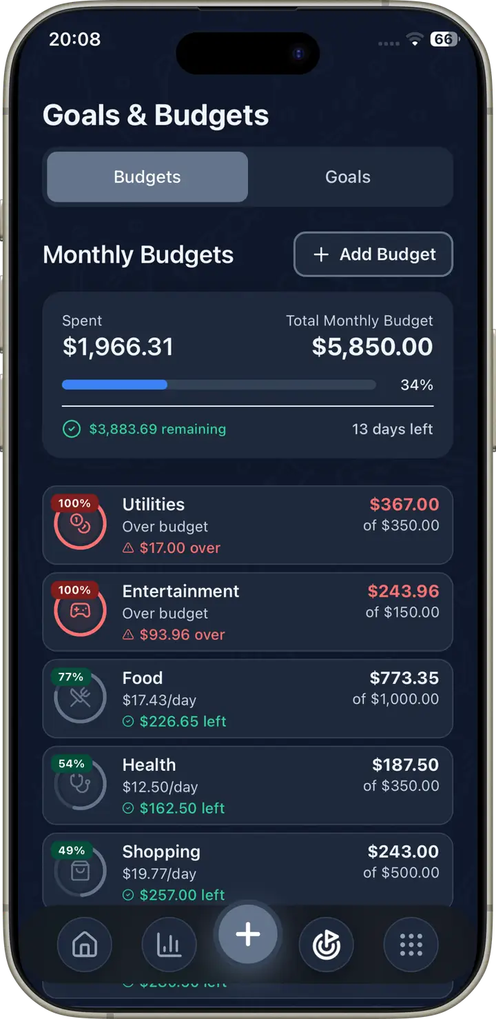 Wizpend goals and budgets screen