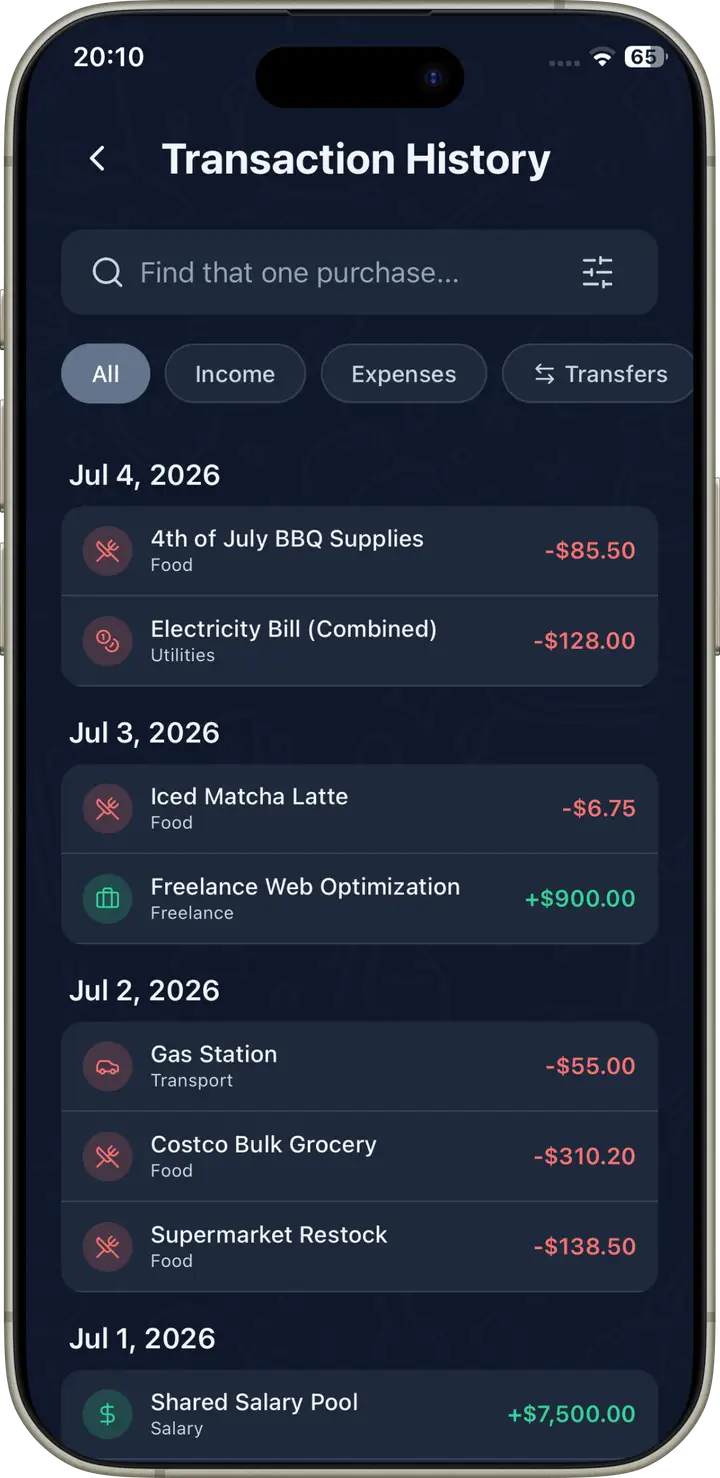 Wizpend transaction history with searchable income and expense filters