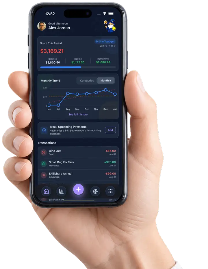 Hand holding a phone with the Wizpend dashboard, feature screens fanned out behind it